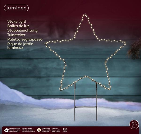 Lumineo LED Stern LED Metall-Stern Gartenstecker 110 LED D: 38 cm, warm weiß, Timer, Warmweiß, Gartenbeleuchtung, zum Einstecken, Indoor/Outdoor, 8h-Timer