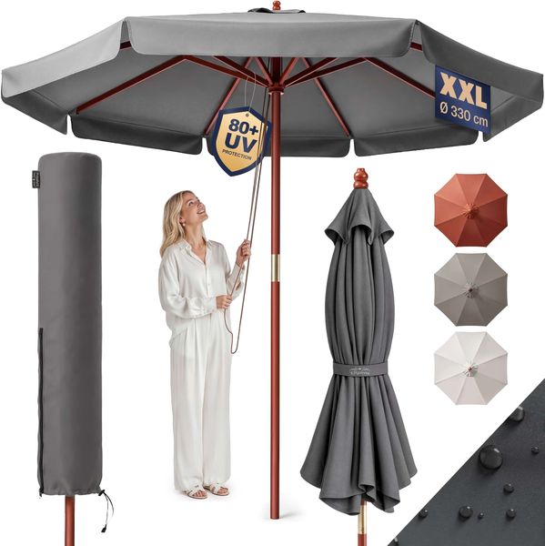 Kingsleeve Sonnenschirm 330 cm Holz mit UV Schutz 80+ Schutzhülle Balkon Garten Anthrazit