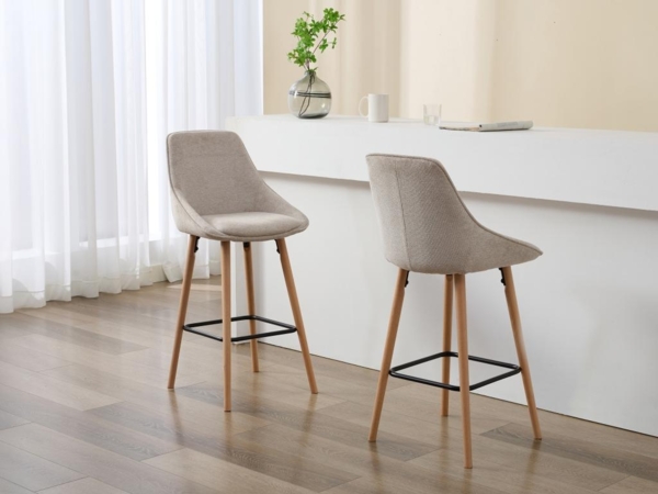 Vente-unique - Barhocker 2er-Set - Strukturstoff & Buchenholz - Beige - MASURIE