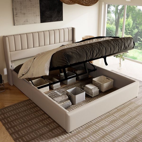 Polsterbett mit Lattenrost und Stauraum, 160x200 cm, gepolsterter Kopfteil, Doppelbett, Leinen