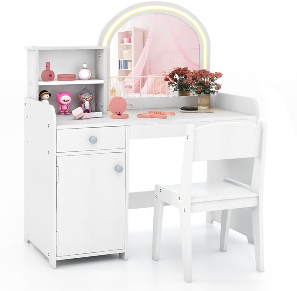 2 in 1 Kinder Schminktisch Set mit Hocker & LED-Lechten & Spiegel & Schublade Kosmetiktisch Weiß