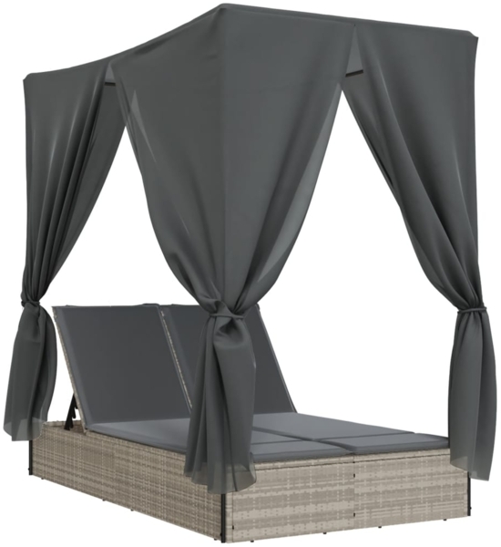 vidaXL Doppel-Sonnenliege mit Dach und Vorhängen Hellgrau Poly Rattan 368077