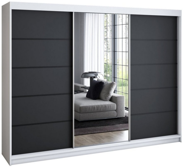 A&J MöbelLand GmbH Schwebetürenschrank VILUNO mit 4 Schubladen und Spiegel (Kostenlose Lieferung – nur für kurze Zeit! TOP ANGEBOT! Geräumiger Schrank mit einer Breite von 200 cm und Spiegel, ideal zur Aufbewahrung von Kleidung und Accessoires. 4 Schub...