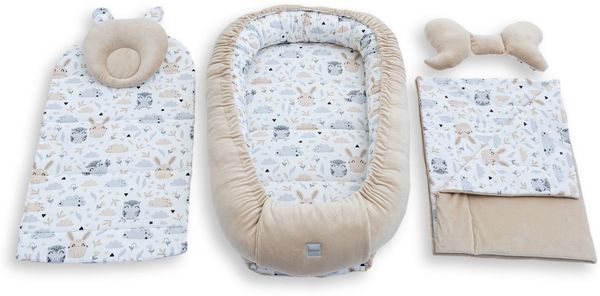 Loolay Kuschelnest BABYNEST 5 TLG. Set PREMIUM Babyausstattung Baumwolle & Samt Velours, (MUSTER: BEIGE Samt Velour/ HASE EULE, 5-tlg, Liebevoll handgefertigt Nestchen! Geborgenheit Komfort für Neugeborene), Premium Ausstattung - 100% Europäische Stoff...