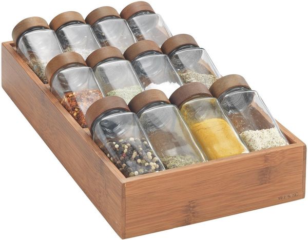 WENKO Gewürzregal mit 12 Gewürzgläser, Set 13-tlg, aus Bambus, Glas-Gewürzstreuer mit Bambusdeckel, FSC®-zertifiziert
