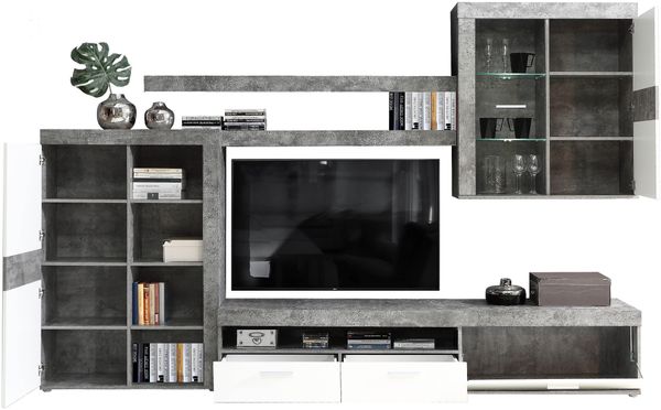 FORTE Zumba Wohnwand mit LED Beleuchtung, Holzwerkstoff, Grau/Weiß, 300 x 200,9 x 41 cm