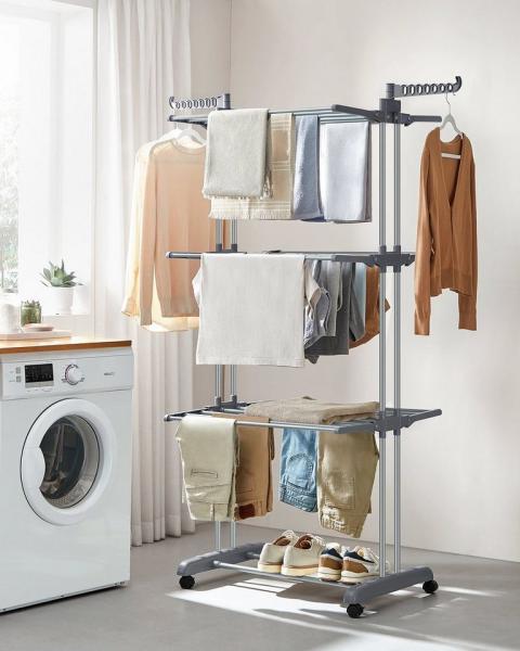 SONGMICS Wäscheständer, Standtrockner 4 Ebenen, Flügelwäscheständer, klappbare Flügel, mit Rollen, 63,5 x 128 x 148 cm, groß, einfacher Aufbau, für Innen- und Außenbereich, taubengrau