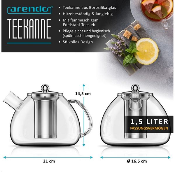 Arendo Teekanne Teebereiter für losen Tee, Kräuter & Früchtetee ideal für Kaltaufgüsse, 1,5 l, (Set, Glas Kanne, Teesieb), Borosilikatglas, hitzebeständig, inkl. feinmaschigem Edelstahlsieb