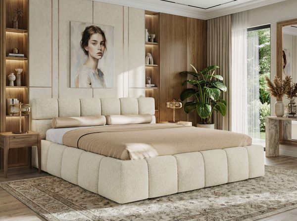Doppelbett mit Gasdruckfeder, Polsterbett NIRA CLASSIC Holzlattenrost Bett mit Stauraum, gepolstertes Kopfteil Bettkasten Pocket Matratze - 200 x 200 cm - Creme Strukture - VIRE LUX