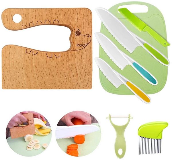 TUWENA Kinderkochmesser Kinder Küchenmesser-Set mit Holzmesser, Schneidebrett und Schäler