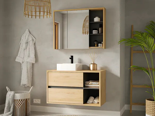 Vente-unique - PURNAL Bathroom furniture set Holz, PlatteKeramik Beige - B 45,5 cm x H 60 cm x L 100 cm