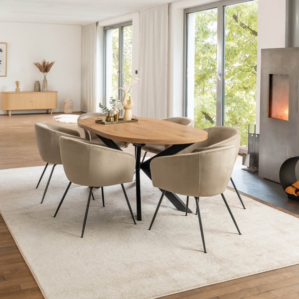 HOME DELUXE Essgruppe Oval Ausziehbar inkl. Sternfuß - 160 x 100 cm Light Oak 6 Stühle Beige Bild 1