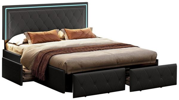 FUROKOY Stauraumbett Stauraumbett Polsterbett Doppelbett mit 4 Schubladen (1-tlg, Jugendbett mit Höhenverstellbares Kopfteil), mit Metallrahmen und Lattenrost, 160x200 cm, Kunstleder, Grau