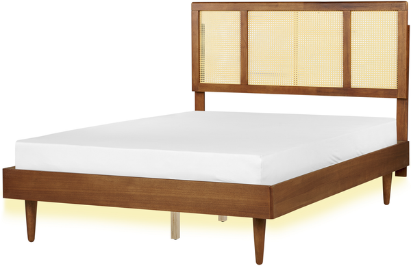 Bett mit LED AURAY 140 x 200 cm Rattan Heller Holzfarbton