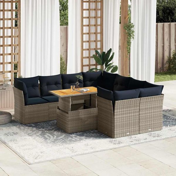 vidaXL 9-tlg. Garten-Sofagarnitur mit Kissen Grau Poly Rattan 3326910