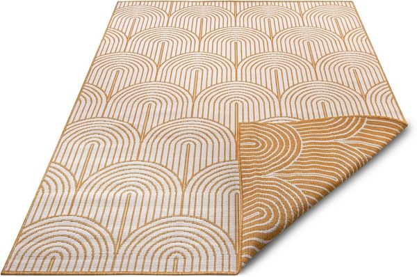 Hanse Home Pangli Outdoor Teppich Wetterfest – Wendeteppich Skandinavischer Boho Style Wasserfest Einfarbig Geometrisch 3D-Effekt für Garten, Balkon, Terrasse, Wohnzimmer – Ocker, 80x150 cm