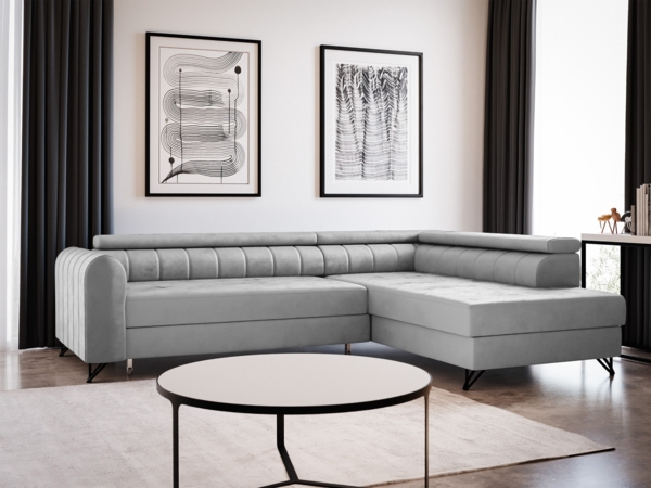 Ecksofa Alice mit Schlaffunktion und Bettkasten, Wohnlandschaft mit einstellbare Kopfstützen, Couch, Sofa, Bettsofa, Schlafsofa (Grau (Paros 05), Ecksofa Rechts)