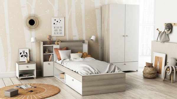 Demeyere Lit Modulable 90x190/200 Avec Rangement 1 Porte 3 Niches 1 tiroir – Blanc Mat und Chêne Clair -124,5 x 226,9 x 90,5 cm