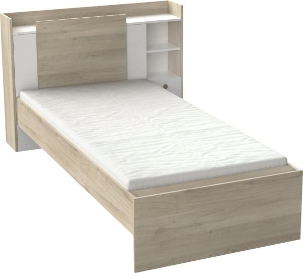 Demeyere Lit Modulable 90x190/200 Avec Rangement 1 Porte 3 Niches 1 tiroir – Blanc Mat und Chêne Clair -124,5 x 226,9 x 90,5 cm