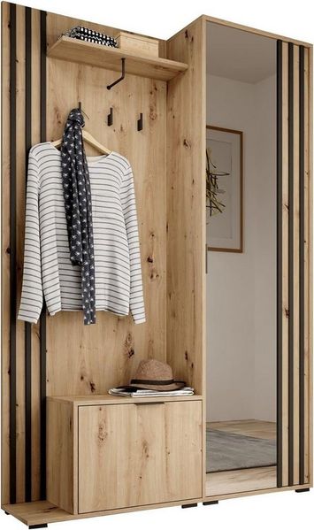 MOEBLO Kompaktgarderobe JOHN (Dielenschrank Wandschrank Regal Diele & Flur Kleiderschrank Schuhschrank, mit Spiegel Flurgarderobe Schrank Kompaktgarderobe), (BxHxT): 135x197x34cm