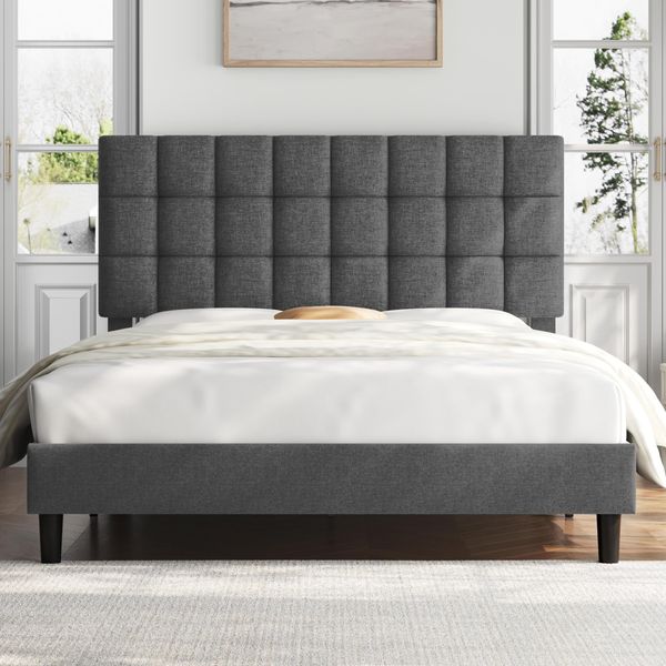Yaheetech 160x200 cm Doppelbett, Stabiler Bettrahmen mit höhenverstellbarem Kopfteil, Gepolstertes Bett Bettgestell mit Lattenrost – Dunkelgrau