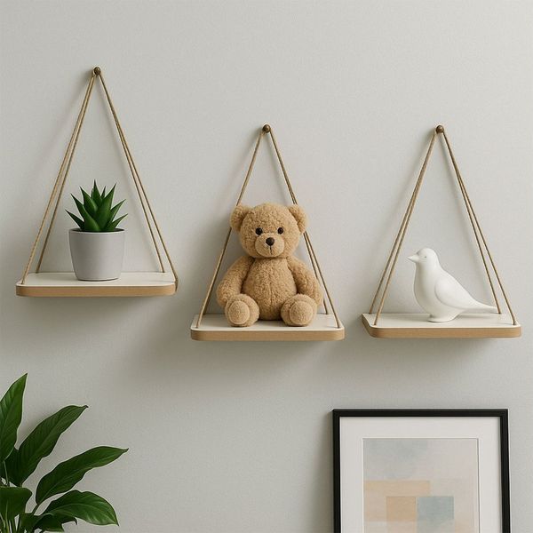 Jungengel Deko-Wandregal Vintage Hängeregal Jute Wandregal Hängeaufbewahrung Retro Look, Dekoratives Wandregal-Set 2-tlg, MDF, Juteseil, Vintage-Stil, 3-teilig, robust, dekorativ, montiert