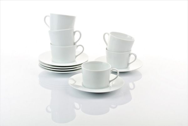 Retsch Arzberg Tasse Kaffeetasse HEIKE WEISS komplett mit Untertasse, Set 12tlg. Porzellan, 12-tlg, Porzellan, Frühstückstassen für 6 Personen, klassisches Design in weiss