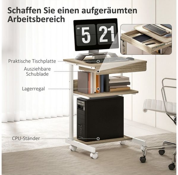 MC Star Schreibtisch Roll-Schreibtisch mit Schublade und Regalen, 4 Räder, kompakt (Spanplatte, Metall) Bild 3