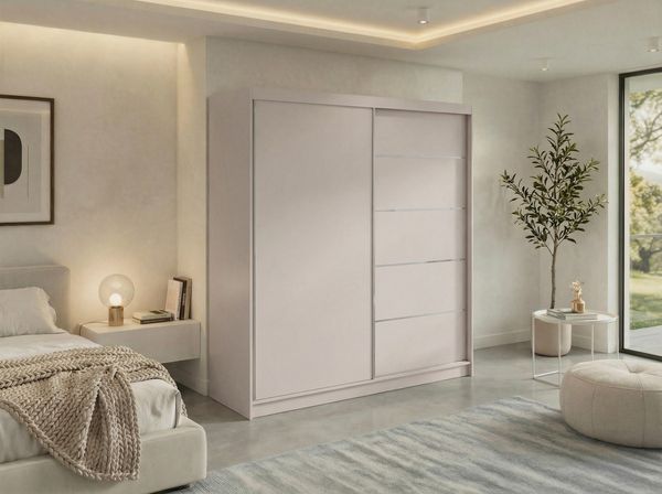 Moderner Schwebetürenschrank MACEDONIA, Kleiderschrank in Kaschmir Color, Breite 200 cm, minimalistisches Design, Inkl. Innenausstattung