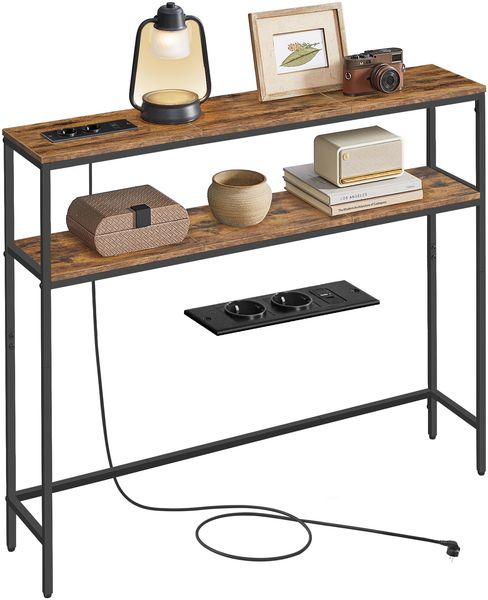 VASAGLE Konsolentisch, schmaler Sofatisch mit 2 Ablagen, 20 x 100 x 80 cm, Flurtisch mit Ladestation, für Wohnzimmer, Flur, Eingangsbereich, vintagebraun-tintenschwarz LNT136KD01