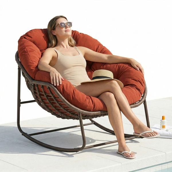 LVHOM Schaukelstuhl mit gepolstertem Kissen, Rattanstuhl mit Stahlrahmen, Lounge Sessel, Schaukelsessel, 1 St, für Balkon/Garten/Wohnzimmer/Schlafzimmer