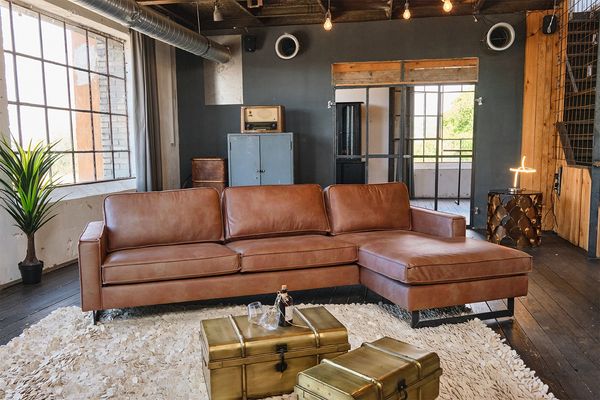 KAWOLA Ecksofa VILNIUS 3-Sitzer mit Longchair rechts Lederfaserstoff cognac 85 x 170 x 286 cm