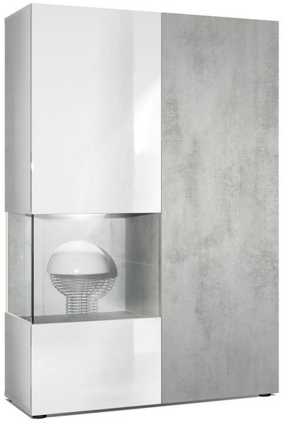 Vladon Vitrine Kommode Hochschrank Morena, Korpus in Weiß matt / Rechte Tür und der Einsatz in Beton Oxid Optik, inkl. LED Beleuchtung