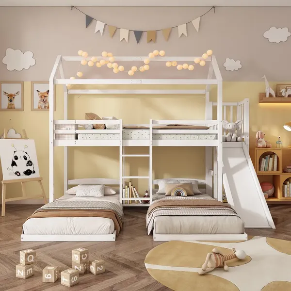 Etagenbett mit 3 Liegeflächen, Trittleiter, Rausfallschutz und Rutsche, 90x200 cm, Kinderbett, Kiefer