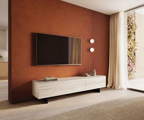 Lowboard Cuor 220 cm Keramik Laminam® Travertino Bianco Creme-Weiß 1 Klappe 2 Schubfächer Fuß Schwebeoptik Metall Schwarz