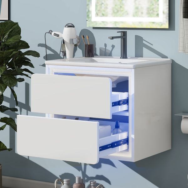 Wandhängender Badezimmerschrank mit Sensor-LED 60x46x50 cm, Weiß, 2 Schubladen