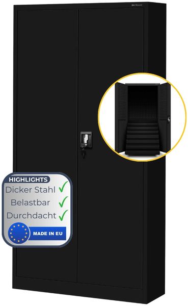 Werkzeugschrank mit Schubladen TOM - inkl. Lochwand | Metallschrank mit Werkzeugwand Werkstattschrank Perforierte Rückwand, 185x92x50cm Schwarz