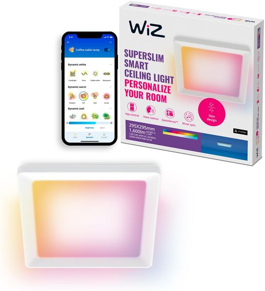 WiZ smarte Deckenleuchte - Schlankes quadratisches Design, 295x295 mm, Sprach- / App-Steuerung, Zeitplanung, funktioniert mit Google Home, Amazon Alexa und Apple HomeKit, Innenbeleuchtung, weiß