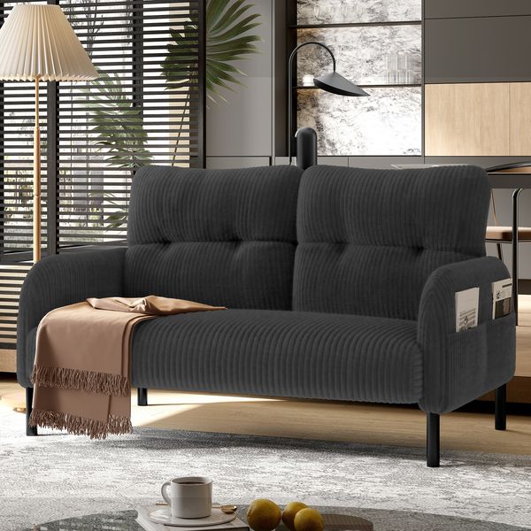 Sofa 120 x 75 x 79 cm grau Cord 2-Sitzer mit Seitentasche und stabilem Metallgestell