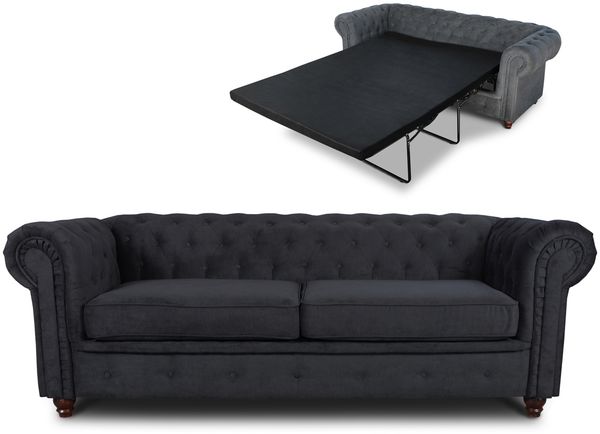 Schlafsofa Chesterfield Asti Bis 3-Sitzer, Sofa mit Schlaffunktion, Couch 3-er, Couchgarnitur, Sofagarnitur, Holzfüße - Glamour Design (Schwarz (Capri 19))