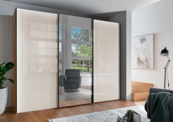WIEMANN Schwebetürenschrank Monaco, Kleiderschrank, Schrank, Wäscheschrank, mit Schiebetüren (2 Breiten, 2 Höhen 216/236 cm auswählbar, MADE IN GERMANY) hochwertige Glas- und Spiegelfront, variable Inneneinteilung