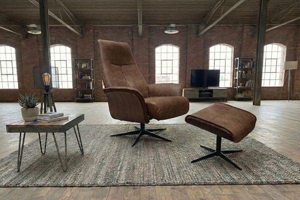 KAWOLA Relaxsessel FERREIRA Drehsessel Lederfaserstoff cognac mit Hocker 106 x 84 x 78 cm