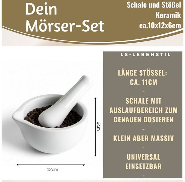 LS-LebenStil Mörser Keramik Gewürzmörser mit Stößel Set Weiß Ø 12cm, (Ideal für frisch gemahlene Gewürze Kräuter Kräuter-Mühle, 2-tlg, perfekt auch als Zerkleinerer für Tabletten Medikamente)