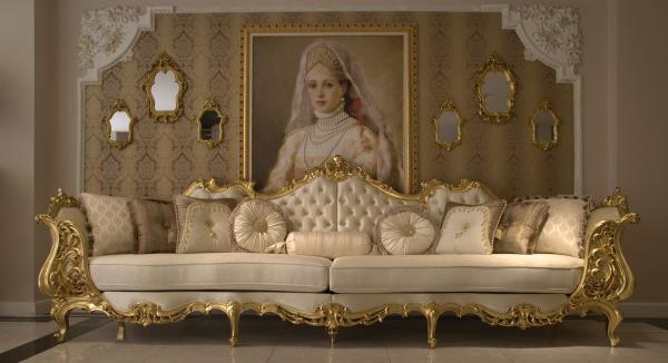 Casa Padrino Luxus Barock Wohnzimmer Sofa Creme / Gold 360 x 100 x H. 115 cm - Prunkvolles Sofa im Barockstil - Edle Barock Wohnzimmer Möbel