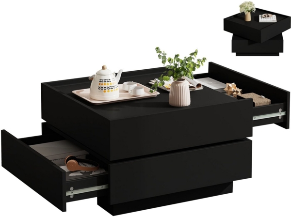 SeedWave Couchtisch Sofatisch, 360° Drehbare Ober-Tischplatte, 2 Grifflosen Schubladen, Erhöhte Seitenböden rund um Arbeitsplatte, Ohne Füße zum Stabilität