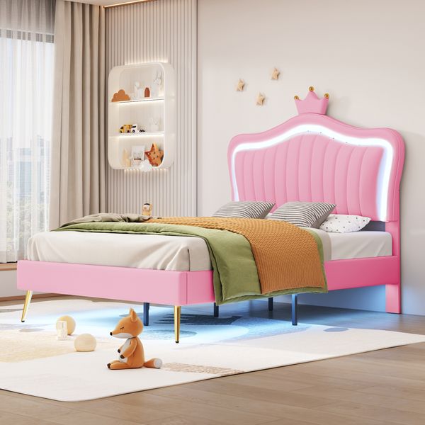 Kindereinzelbett 90×200 cm aus Kunstleder mit LED-Beleuchtung, rosa