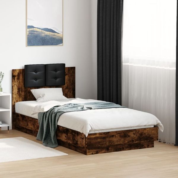 vidaXL Bettgestell mit Kopfteil und LED-Leuchten Räuchereiche 90x190cm 3210063