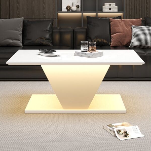REDOM Couchtisch Hochglanzoberfläche, V-Design (Wohnzimmertisch, Beistelltisch, 1-St, 100*50*46cm), hochglänzende Kaffeetish mit LED-Leuchten