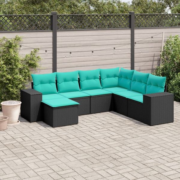 vidaXL 7-teiliges Gartensofa-Set mit Kissen, schwarzes Polyrattan 3222896