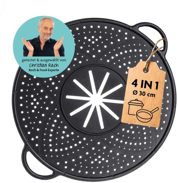 Rachs KOCHWERK Spritzschutzdeckel Silikon Überkoch- und Spritzschutz 31cm schwarz, für Pfannen und Töpfe Abgießhilfe Spritzschutz Dampfgarer Untersetzer